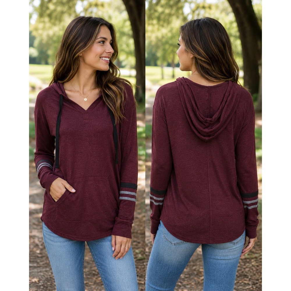 Market & Spruce Womens Burgundy Striped Sleeve Hooded Pullover Top Size S